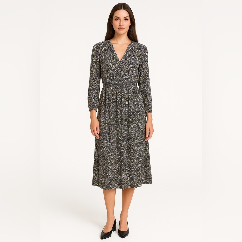 Chaps Floral Button Front Midi Dress Size Large Navy Boho Long Sleeve